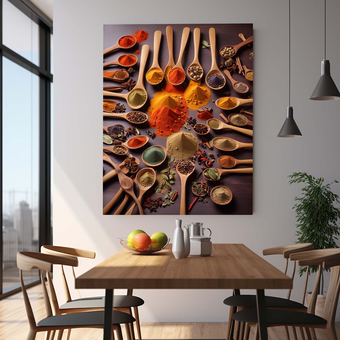 Colorful Rustic Spices Wooden Spoons on Dark Wood Kitchen Wall Art