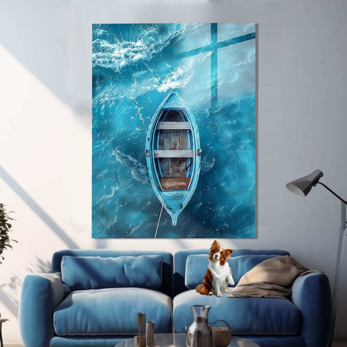 Aerial View Of Single Blue Wooden Boat On Turquoise Waves Ocean Art - Image 2