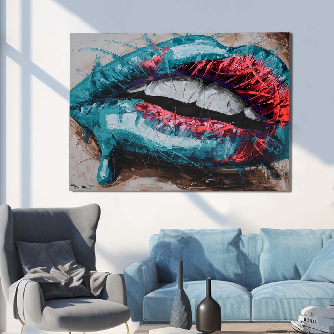 Teal and Coral Abstract Painted Lips Fashion Lip Art Wall Art - Image 2