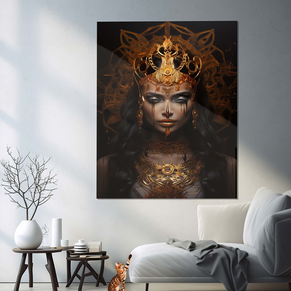 Golden Indian Queen Crown Portrait Dark Regal Goddess Wall Art - Image 2