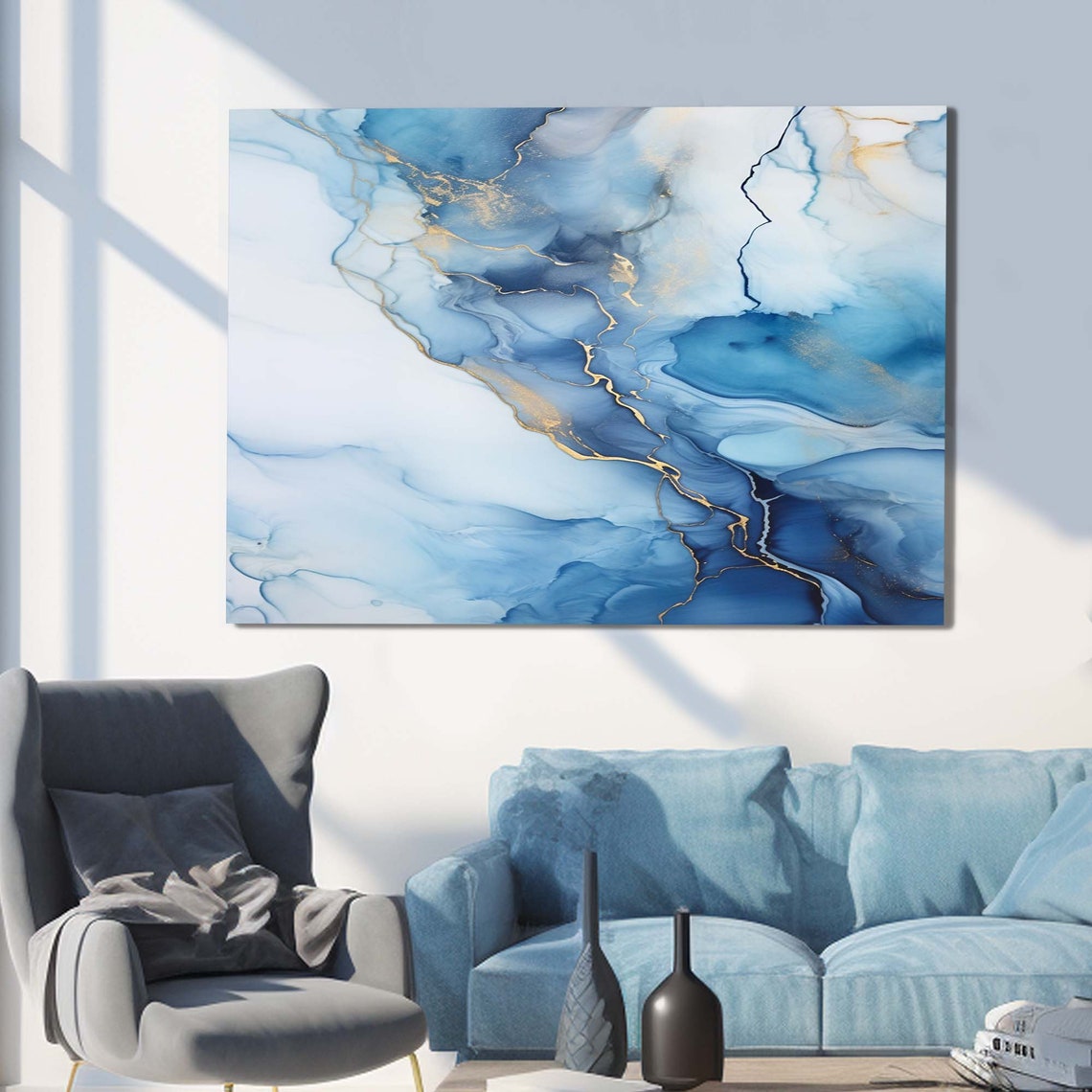 Blue White and Gold Abstract Marble Fluid Ink Wall Art Poster - Image 2