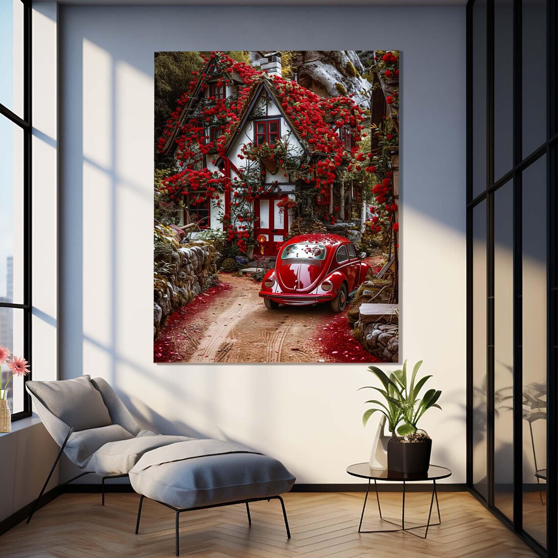 Red Vintage Volkswagen Beetle By Flower Covered Cottage Cozy Wall Art - Image 2