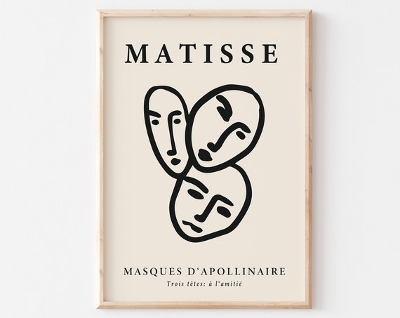 Matisse Poster Line Art Three Masks Portrait Ink Drawing Beige And Black Minimalist Print