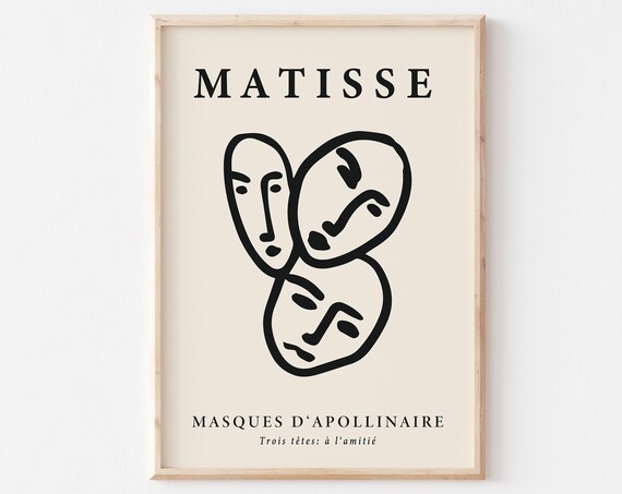 Matisse Three Masks Line Art Minimalist Beige Portrait Poster