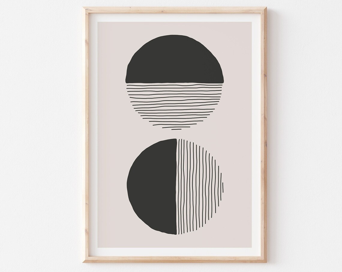 Beige And Black Abstract Geometric Circles Midcentury Art Poster