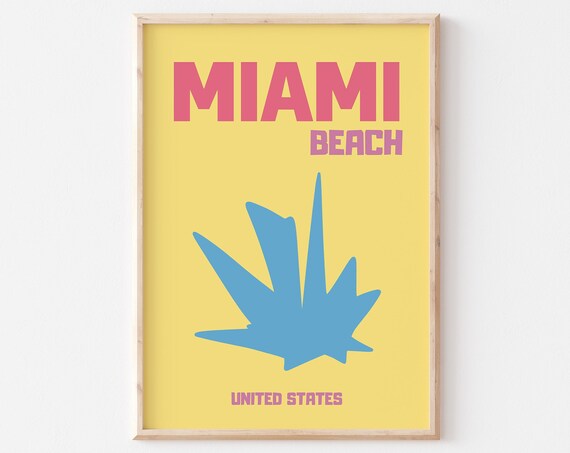 Miami Beach Retro Sunshine Yellow Travel Poster with Blue Palm Art
