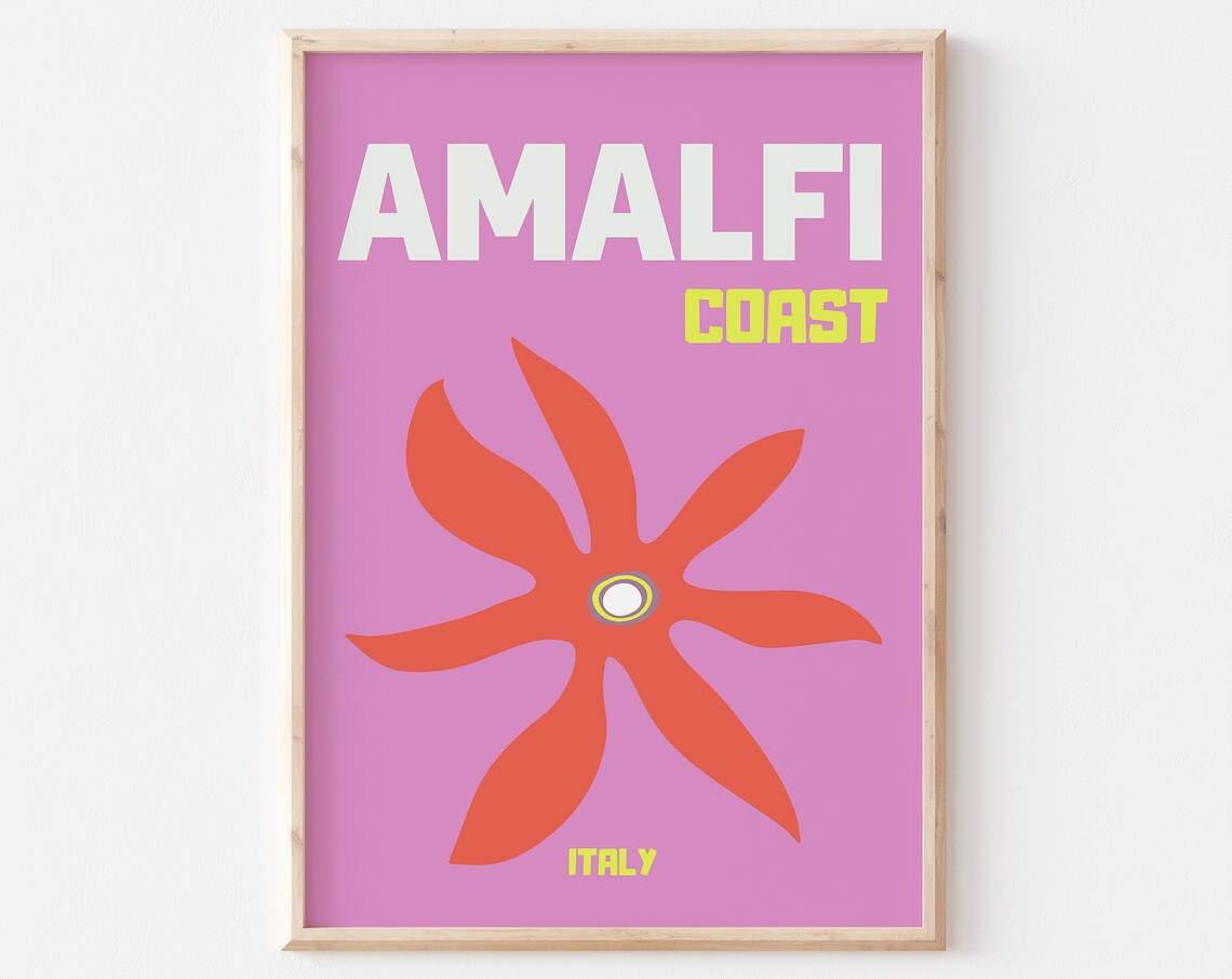 Amalfi Coast Italy Bold Pink Floral Minimalist Summer Travel Poster