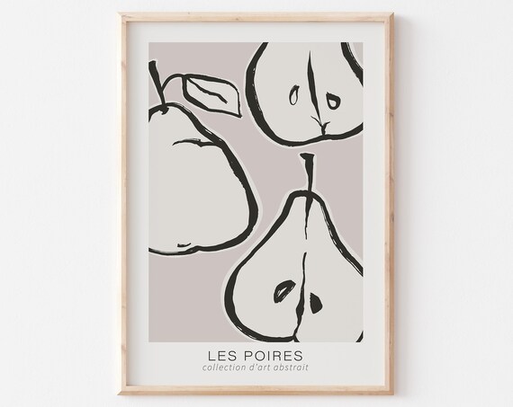 Fruit Art Print Pears Poster Minimalist Kitchen Wall Decor Beige Line Drawing