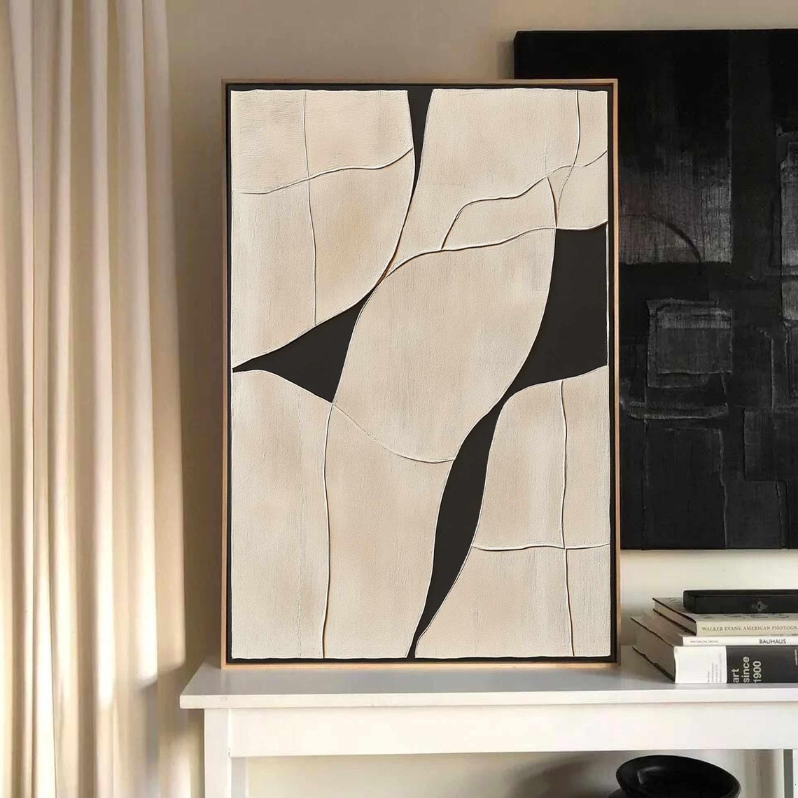 Cream Black Textured Abstract Art with Crackle Lines Minimalist Poster