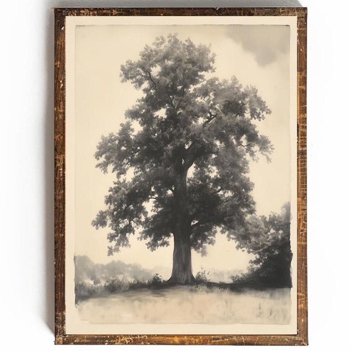 Lone Oak Tree In A Misty Field Vintage Botanical Style Print - Image 3