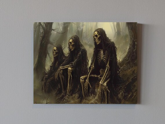 Three Hooded Skeletons Misty Dark Forest Gothic Halloween Art Poster