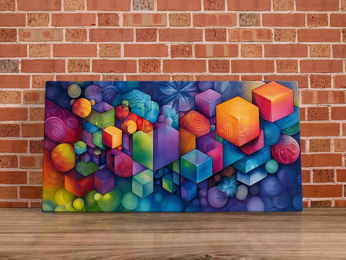 Colorful Floating Cubes And Spheres Rainbow Geometric Art Poster