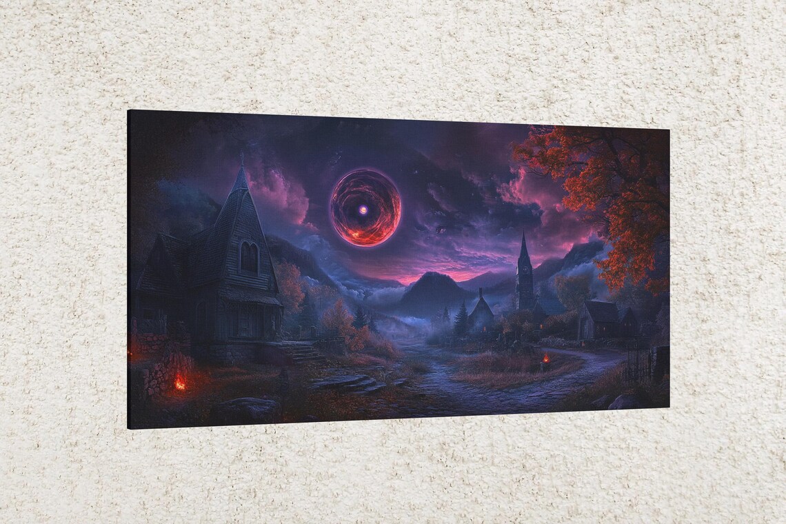 Haunted Village Under Bad Moon, Halloween Art - Image 2
