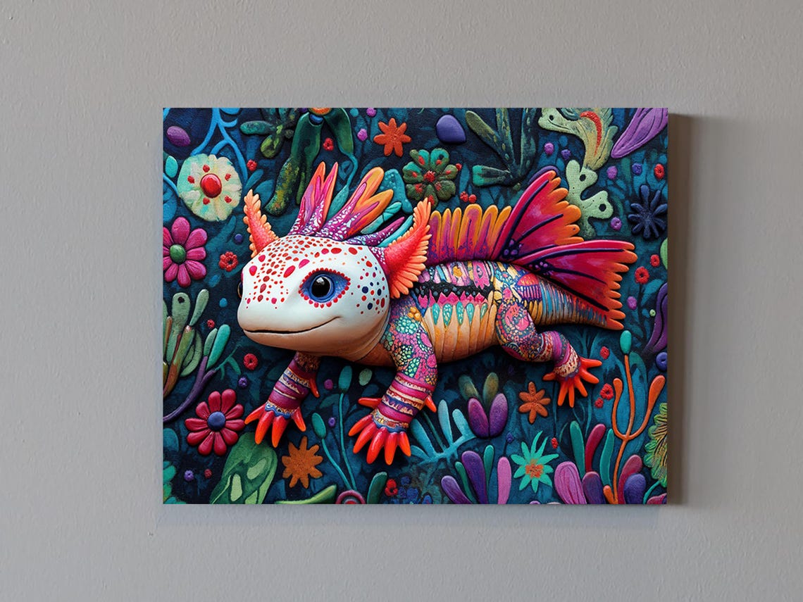 Alebrije Axolotl Colorful Patterns Underwater Flowers Folk Art Poster