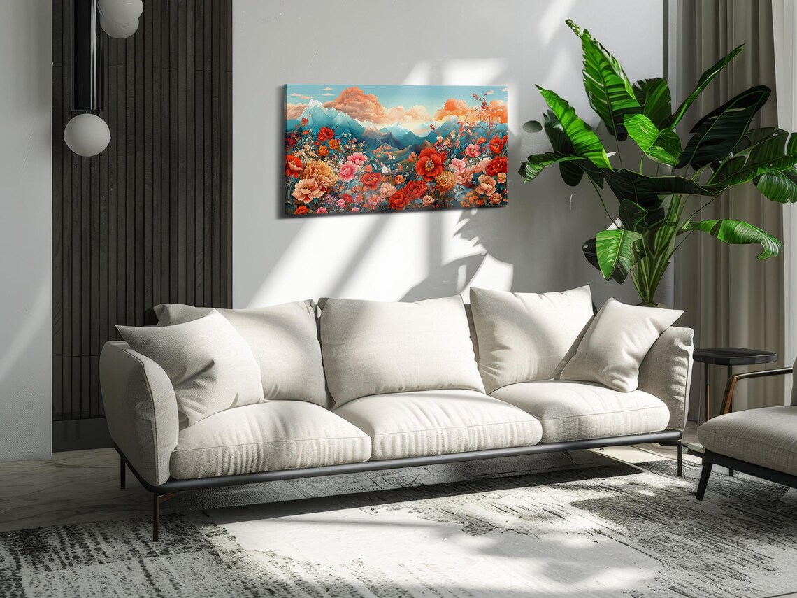 Spring Blossom Field Mountain View Colorful Floral Landscape Art Poster - Image 3