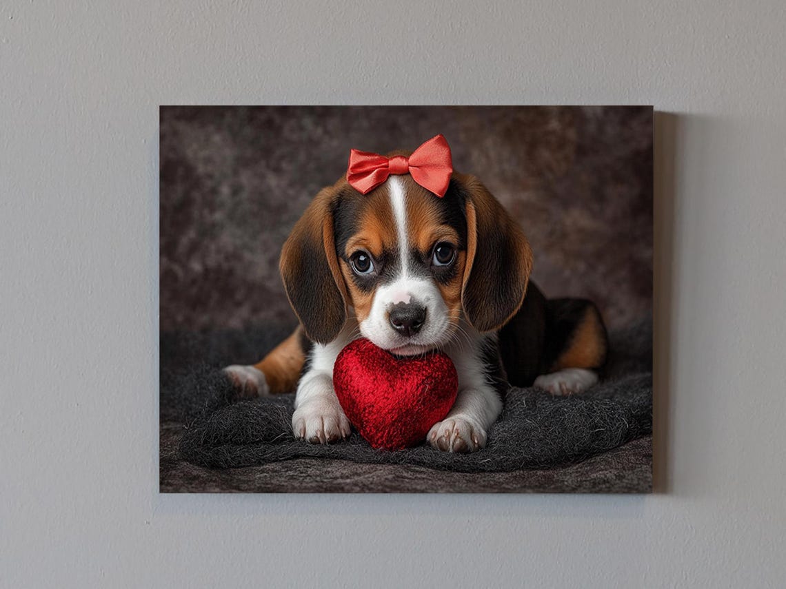Adorable Beagle Puppy With Red Bow Holding Heart Valentines Art Poster