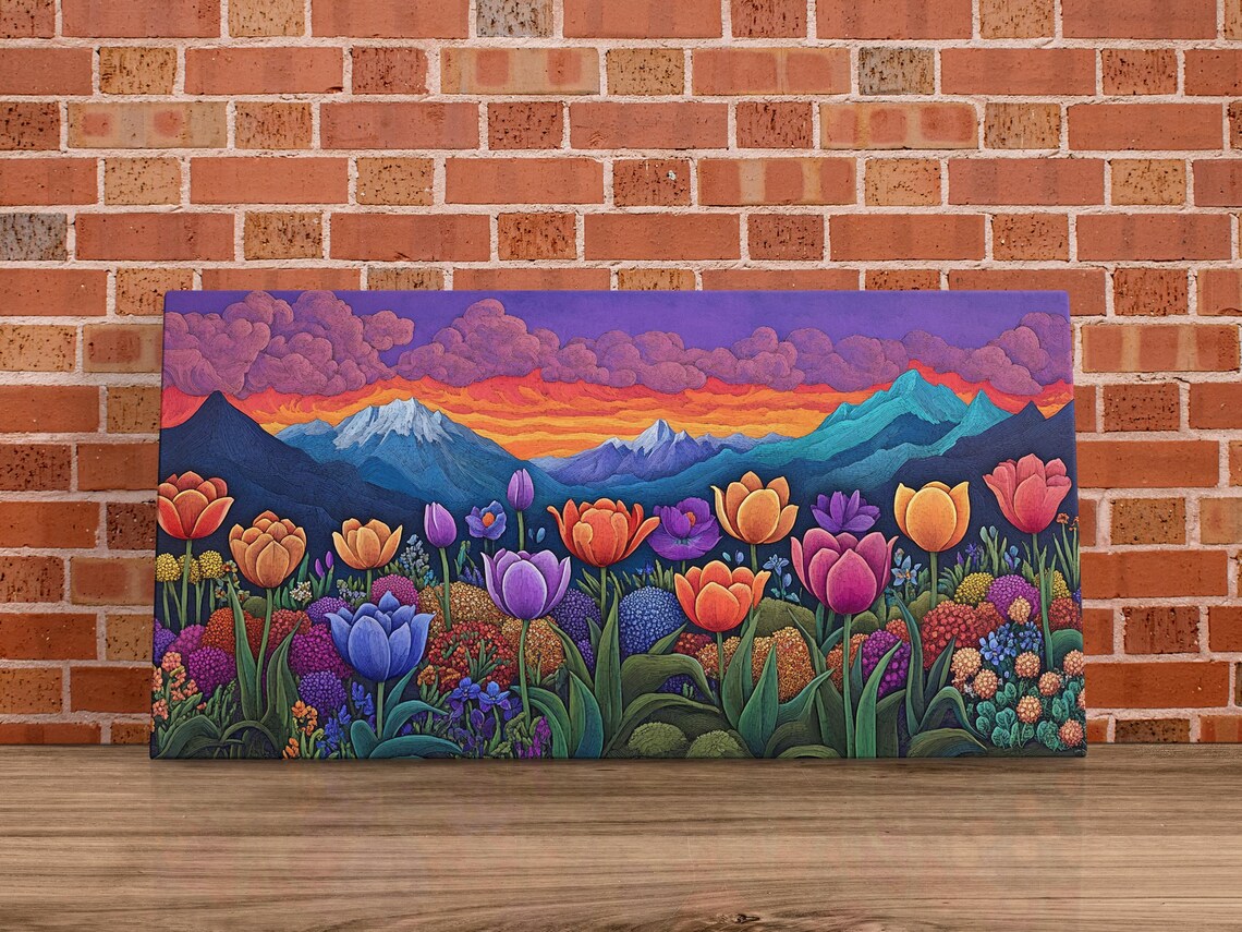 Tulip Symphony Colorful Mountain Sunset Flower Field Art Poster