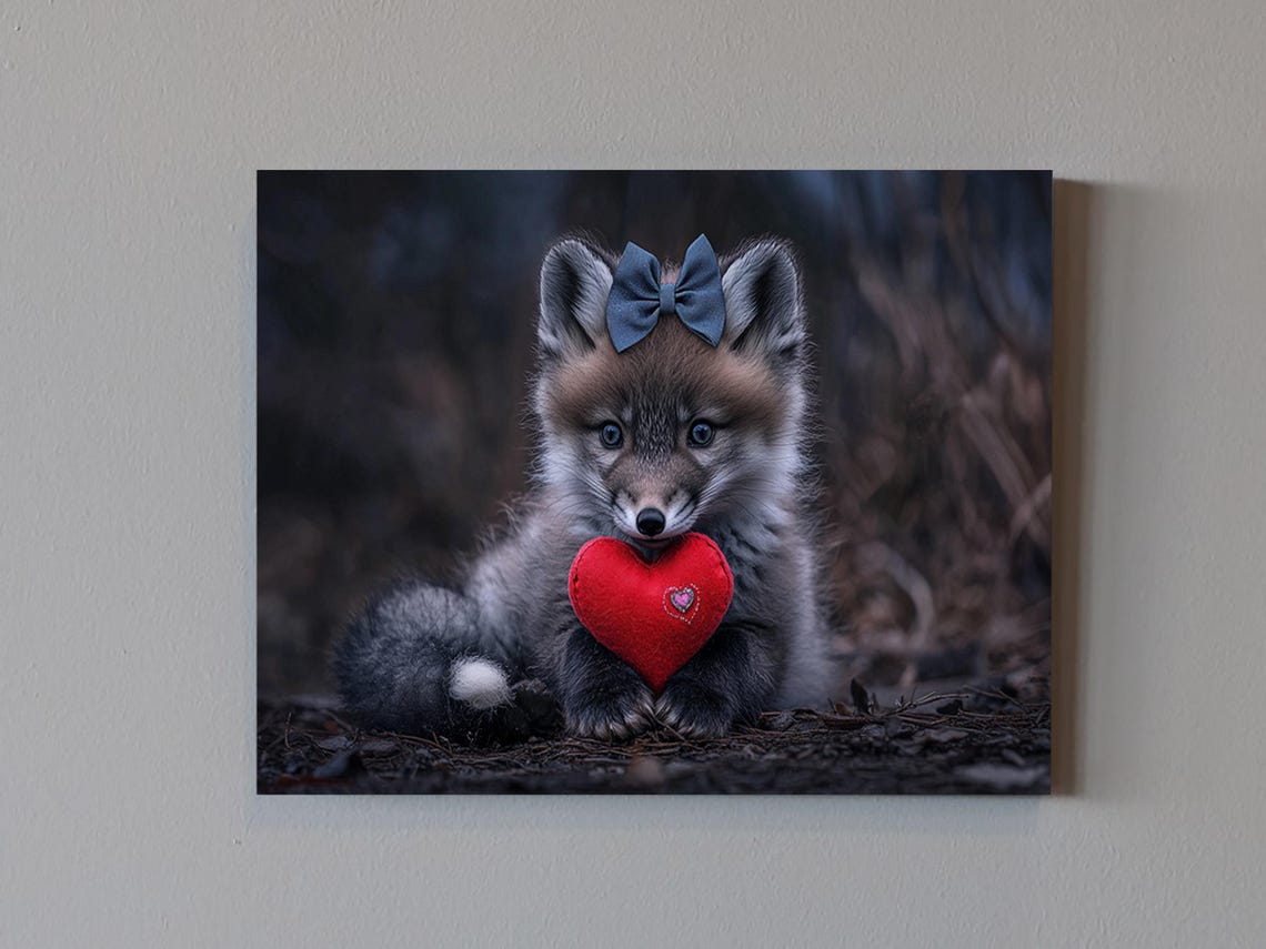 Adorable Arctic Fox With Heart Art Print Valentines Day Wall Decor Cute Animal Artwork