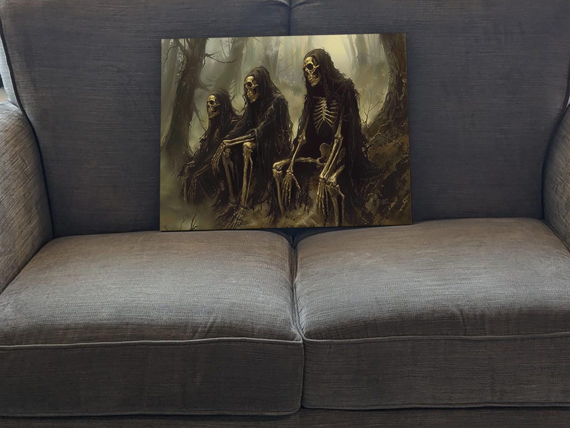 Three Hooded Skeletons Misty Dark Forest Gothic Halloween Art Poster - Image 5