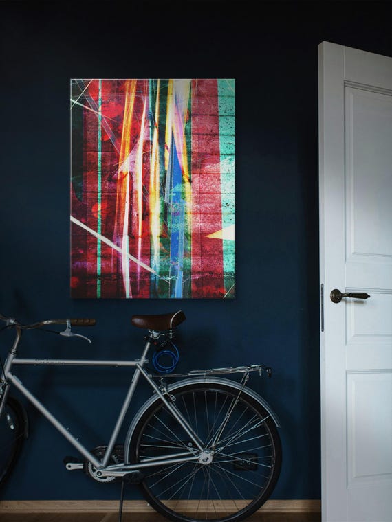 Abstract Photo Collage Pop Art Lines Of Vivid Colors On Concrete Red Yellow Gold Green Blue Vague Geometric Shapes