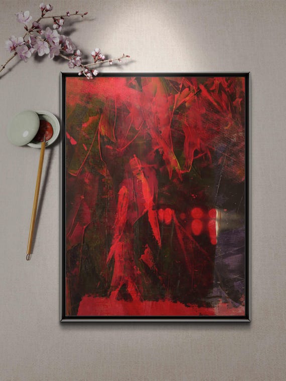 Vague Figures Abstract Urban Painting Acrylic On Vivid Red And Black Lines And Brushstrokes Art