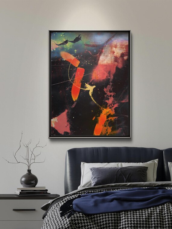 Space Nebula Pink Orange Black Cosmic Strokes Abstract Painting Poster