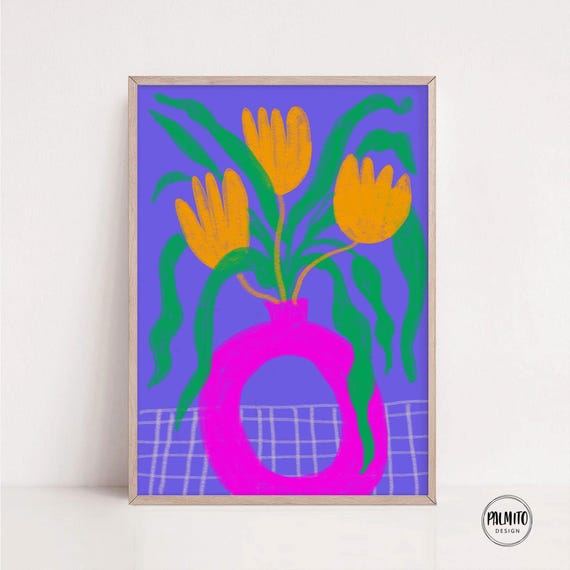 Colorful Floral Wall Art Vase With Flowers Print Abstract Botanical Print Eclectic Gallery Wall Vibrant Bold Art Maximalist Decor
