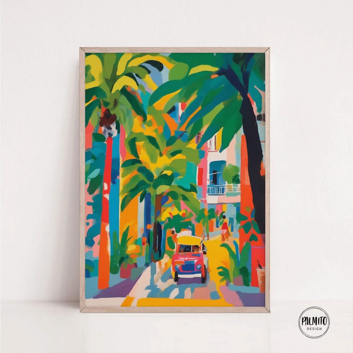 Tropical Street with Red Car Palm Trees Colorful City Art Poster