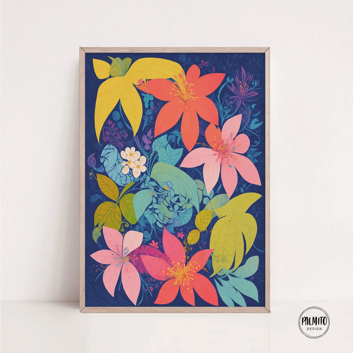 Maximalist Colorful Tropical Flowers Navy Bold Botanical Poster