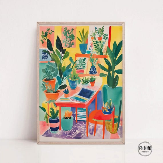 Colorful Botanical Painting Wall Art Living Room With Potted Plants Bold Vibrant Colors Colorful Office