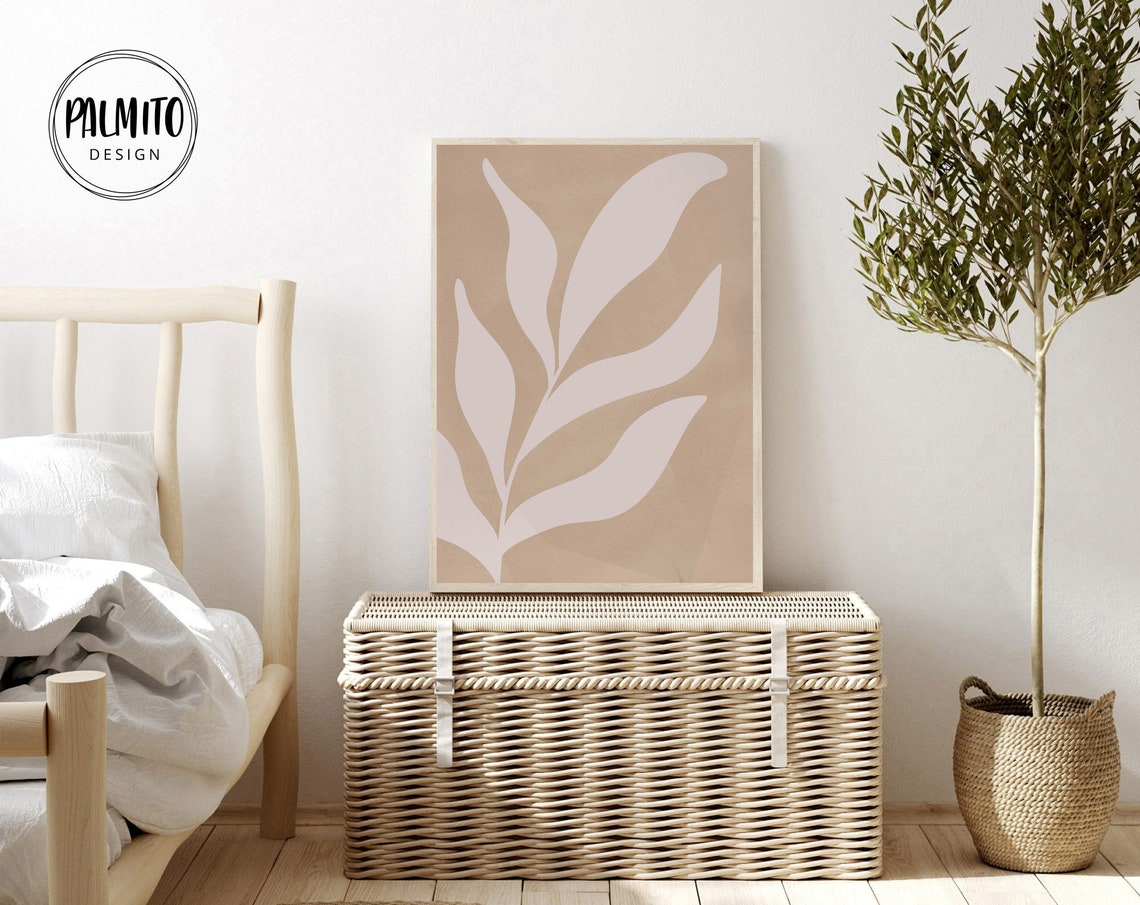 Elegant Blush Pink Leaf Branch Tan Botanical Matisse Cutout Wall Art - Image 2
