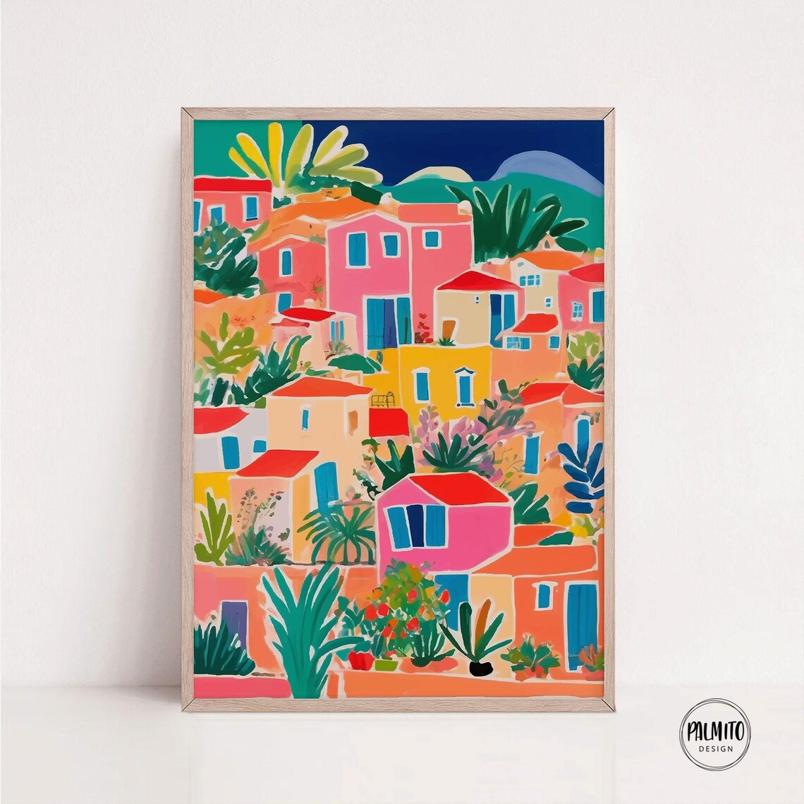 Colorful Village Houses Night Scene Tropical Moonlight Art Poster