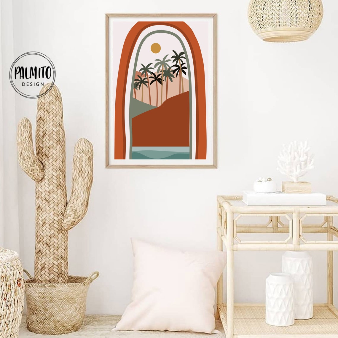 Terracotta Boho Rainbow Arch Palm Trees Sun Sea Retro Landscape Poster - Image 2