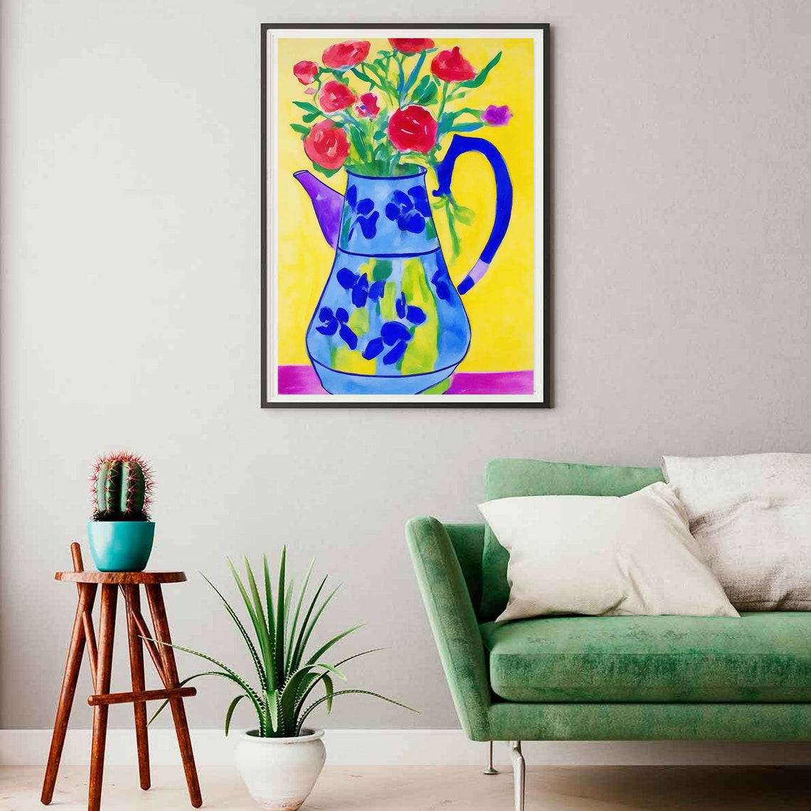 Red Poppies in Blue Floral Pitcher Sunny Yellow Still Life Poster - Image 2