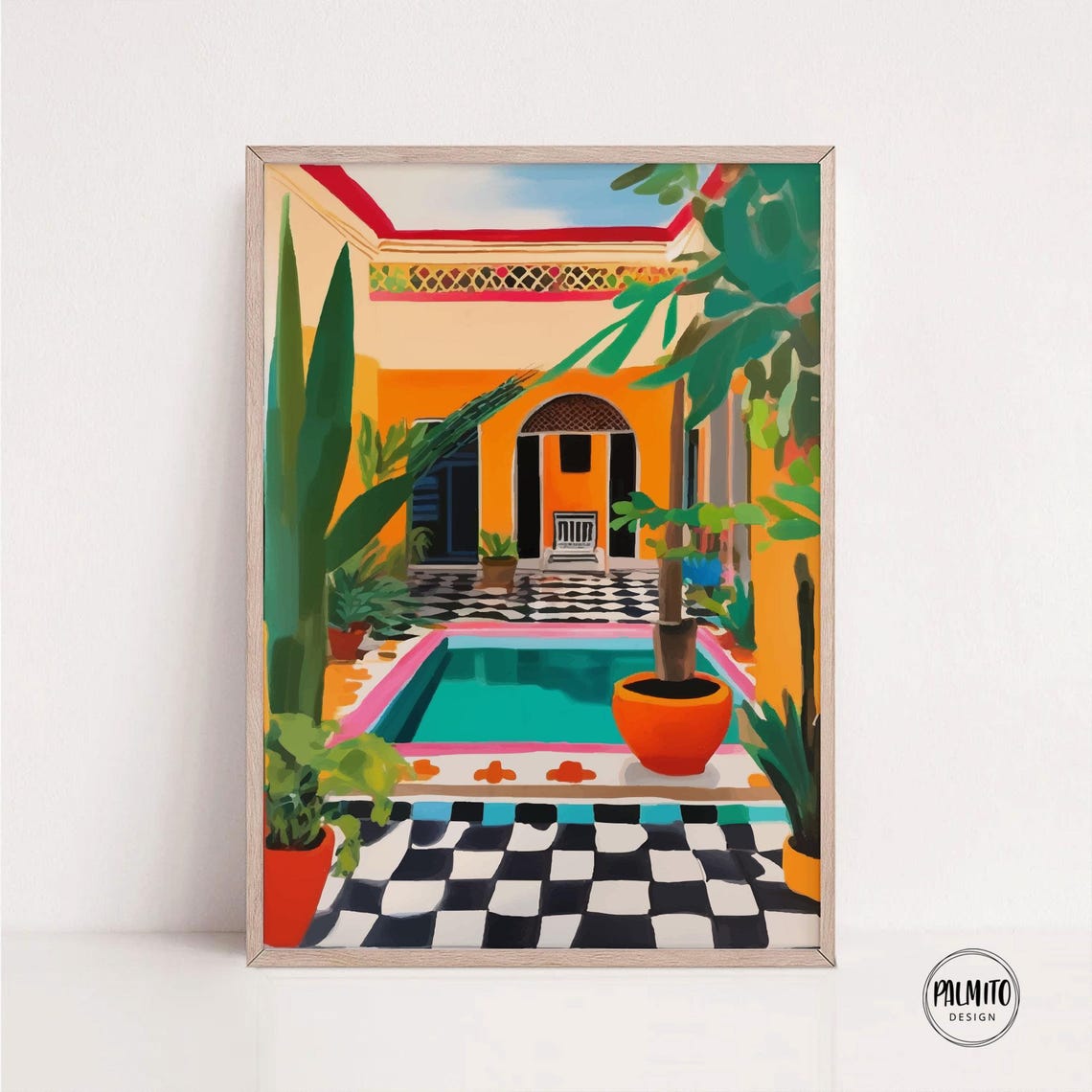 Mediterranean Riad Courtyard Pool Checkered Tile Oasis Art Poster