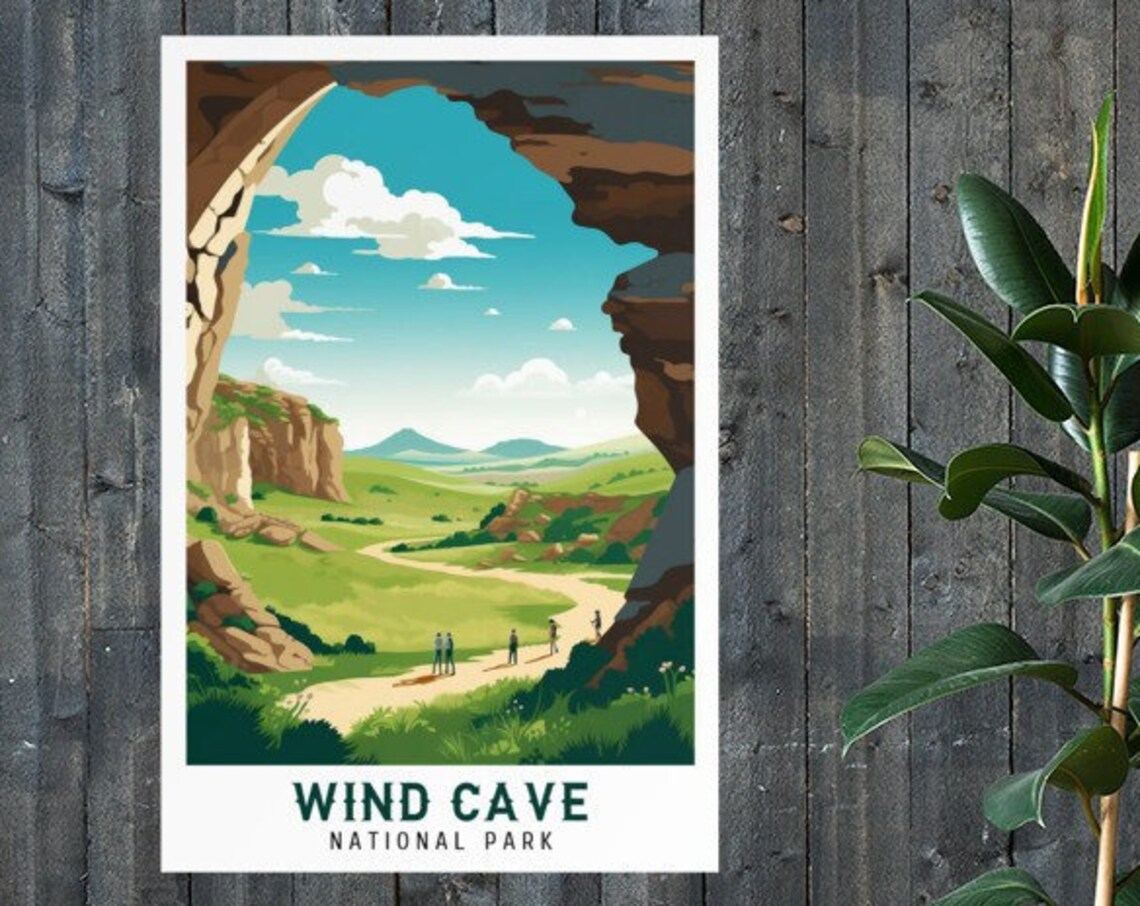 Wind Cave National Park Cave Mouth Hikers Valley Vintage Travel Poster