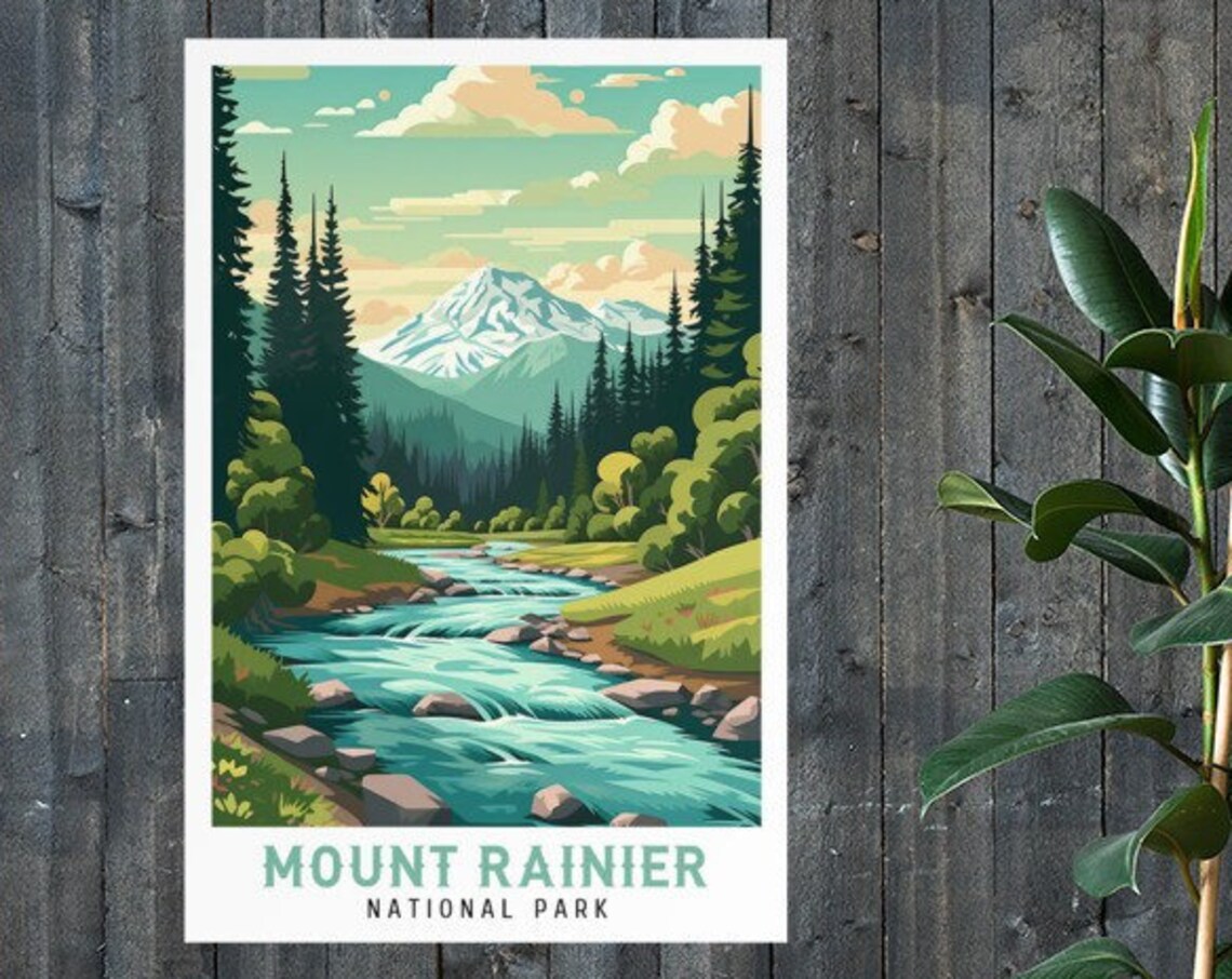 Mount Rainier National Park Snow Peak Rushing River Vintage Travel Poster