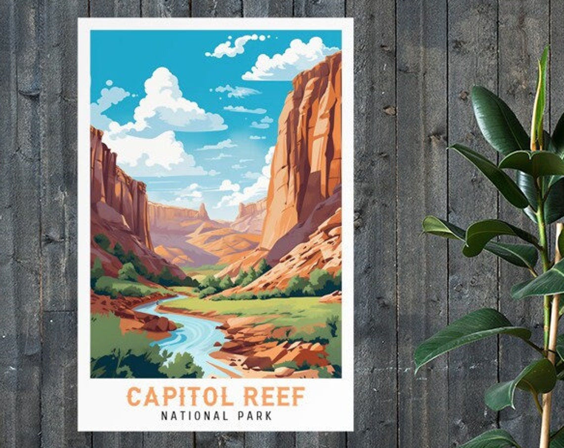 Capitol Reef National Park Desert Red Cliffs River Vintage Poster