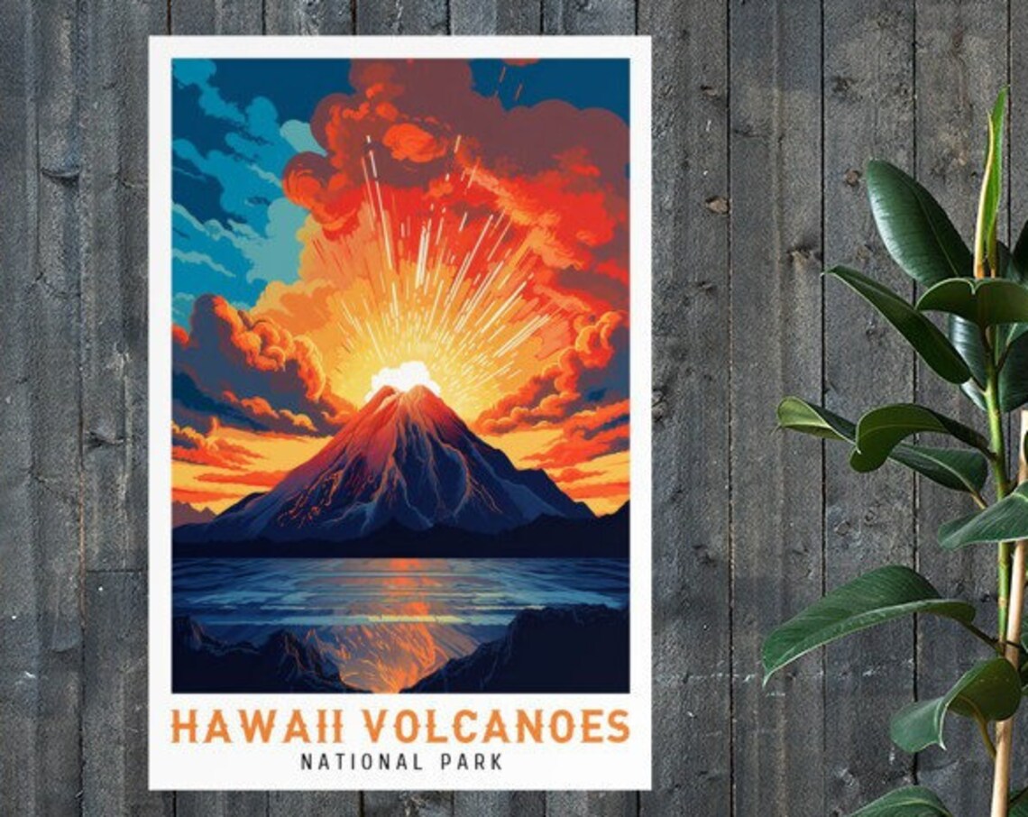 Hawaii Volcanoes National Park Eruption Sunset Vintage Travel Poster