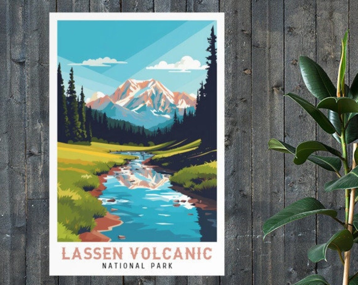 Lassen Volcanic National Park Peak Reflection Stream Vintage Travel Poster
