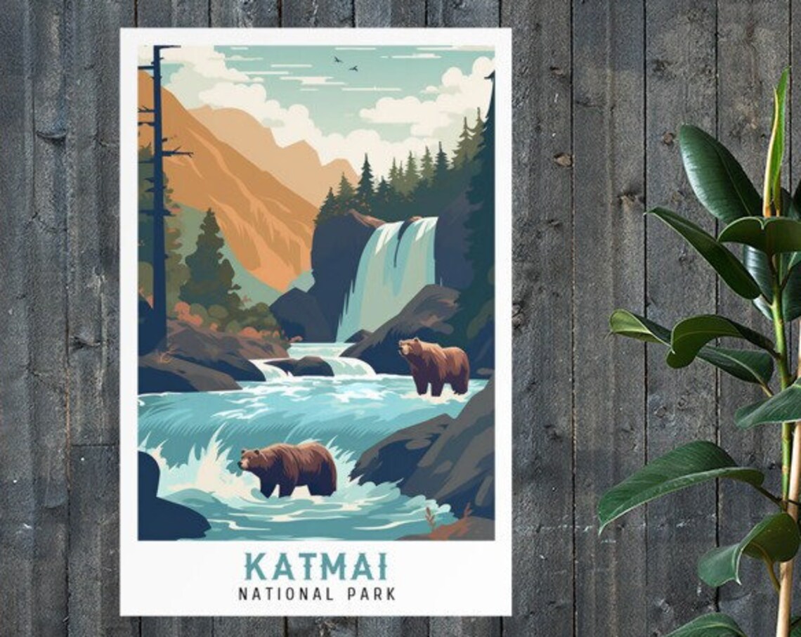 Katmai National Park Brown Bears Waterfall River Vintage Travel Poster