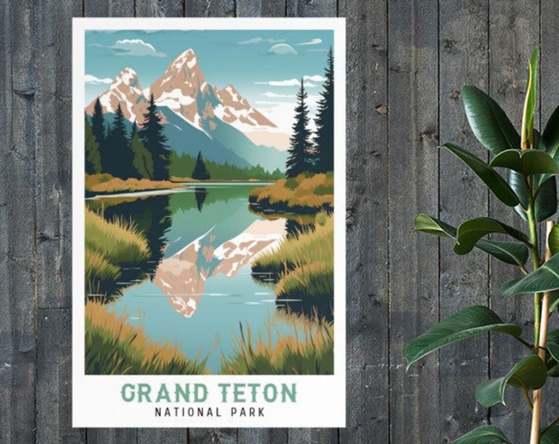 Grand Teton National Park Mountain Lake Reflection Vintage Poster