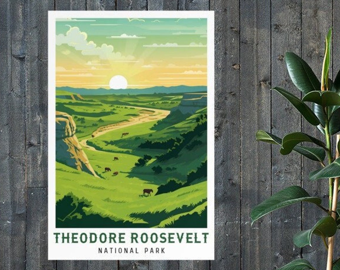 Theodore Roosevelt National Park Bison Valley Sunset Travel Poster