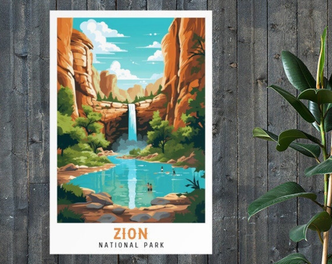 Zion National Park Waterfall Canyon Turquoise Pool Vintage Travel Poster