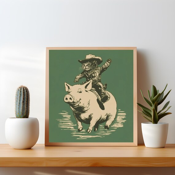 Funny Cowboy Cat Pig Poster Quirky Retro Western Decor Silly Animal Print Green Square Wall Gift For Lovers