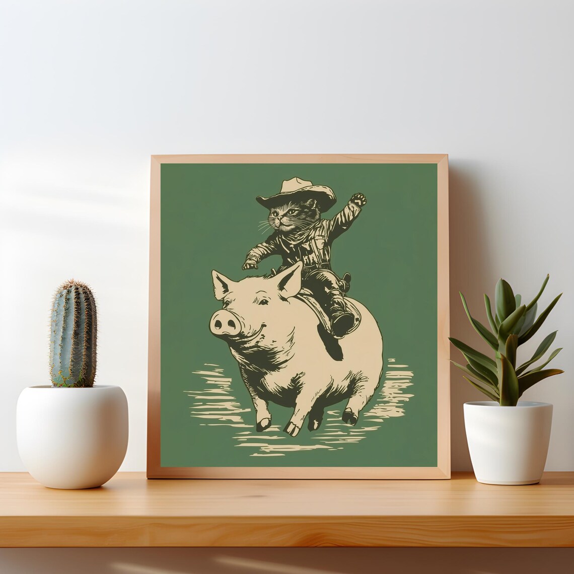 Cowboy Cat Riding a Pig Funny Vintage Engraving Style Poster
