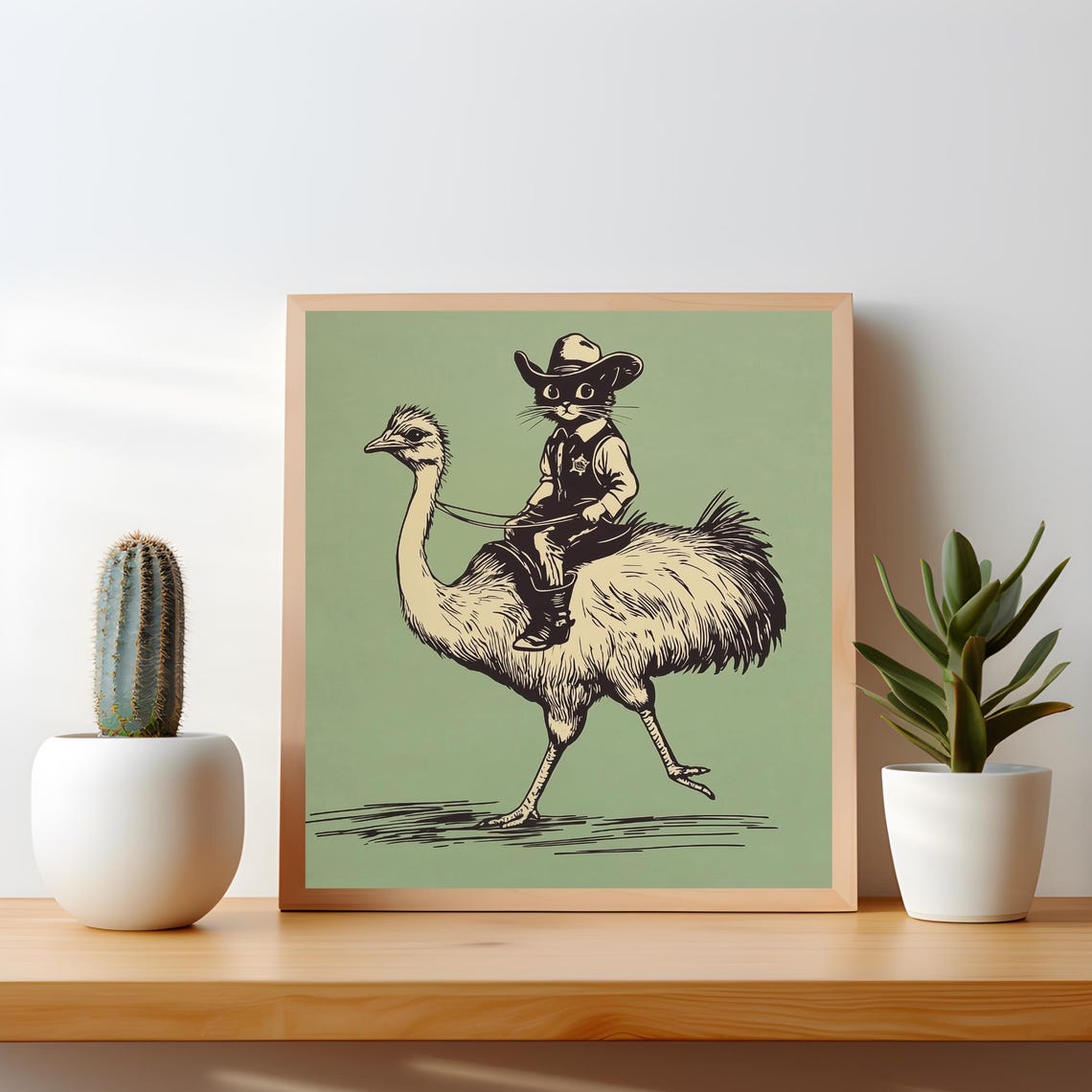 Silly Cowboy Cat Riding An Ostrich Funny Western Retro Art Poster