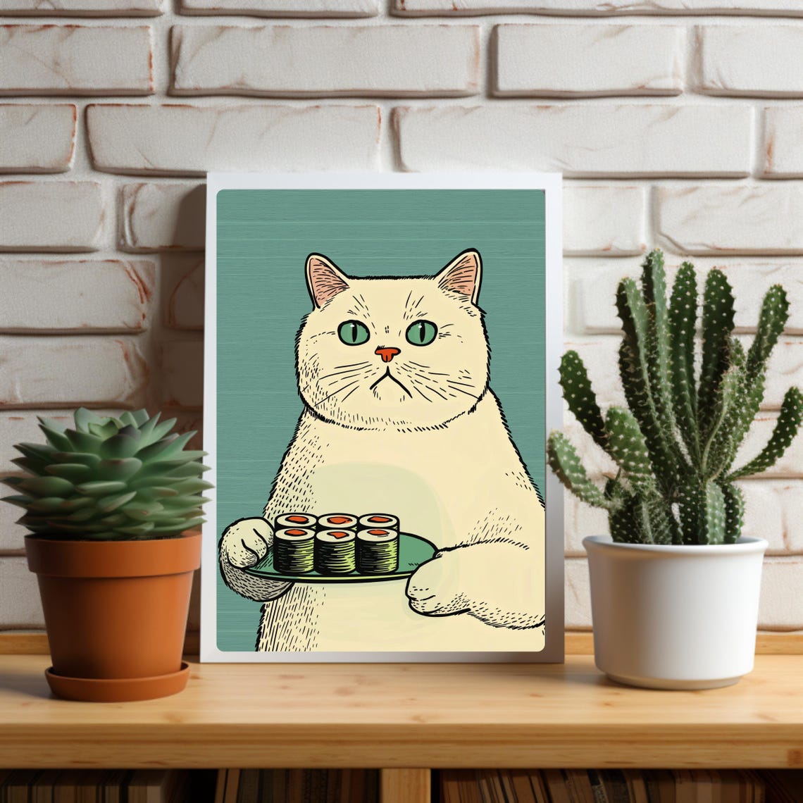 Grumpy White Cat Holding A Plate Of Sushi Funny Kitchen Poster