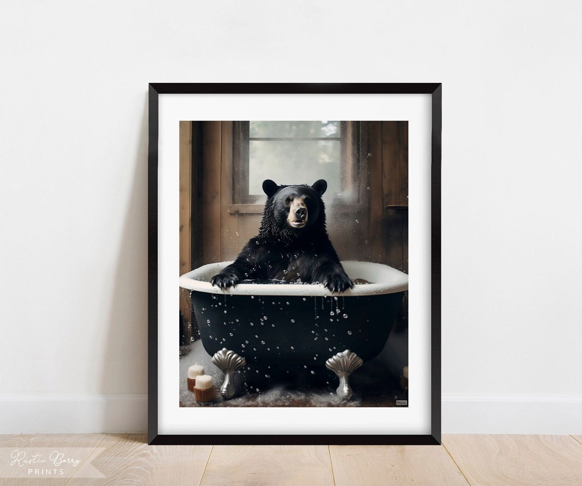 Black Bear In A Bubble Bath Wall Art Clawfoot Tub Home Decor Bathroom Art Cute Funny Instant