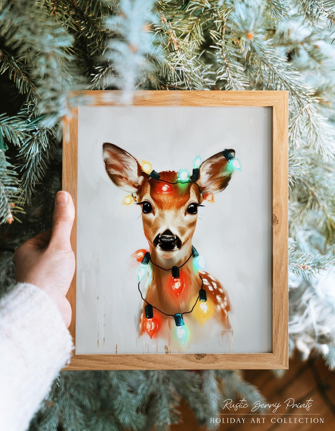 Baby Deer with Christmas Lights on Antlers Festive Animal Art Poster